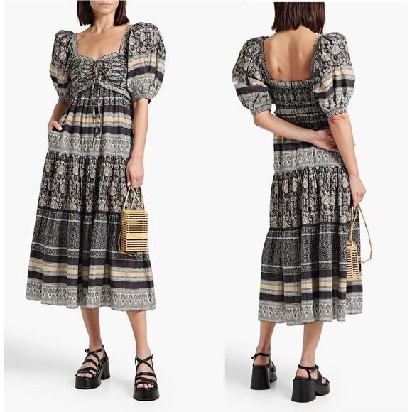 Sea New York Tasha Dress Womens M/L Gray Floral Puff Sleeve Cottagecore Peasant - Picture 1 of 15
